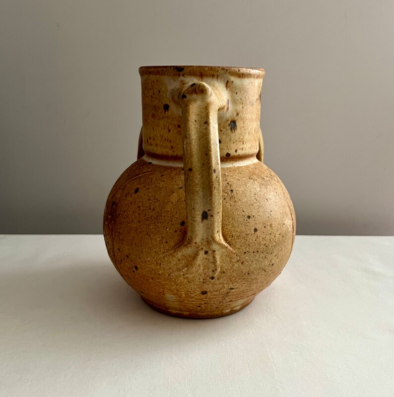 May include: A brown ceramic vase with two handles. The vase has a speckled glaze and a rounded body.