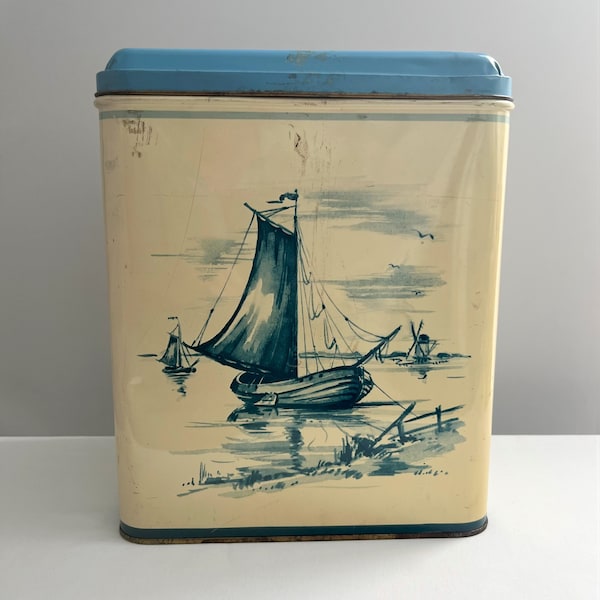 Vintage 11" Tall Biscuit Tin Sailboat Windmill Cracker Biscuit Storage Canister Radelot Canister Tin