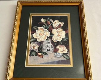 Vintage Wall Art 11" x 9" Gold Framed Chinese Blue & White Ginger Jar Filled With Flowers