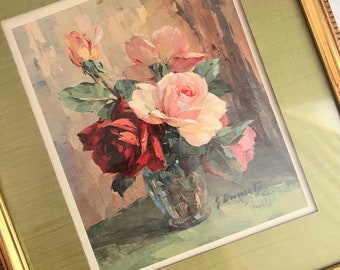 Vintage Gold Framed Damask Roses Art Print Under Glass Pinks & Greens Beveled Gold Frame Green Linen Mat 17&quot; x 15&quot;