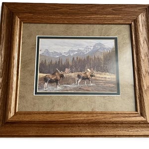 May include: Framed art print featuring two moose wading in a river, with a backdrop of mountains and a forest. The print is set within a gold-toned mat and a brown wooden frame.