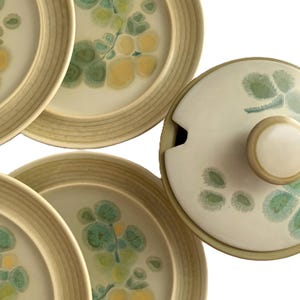 MCM Franciscan Covered Sugar Bowl + 6 Plates Green/Yellow Abstract Floral