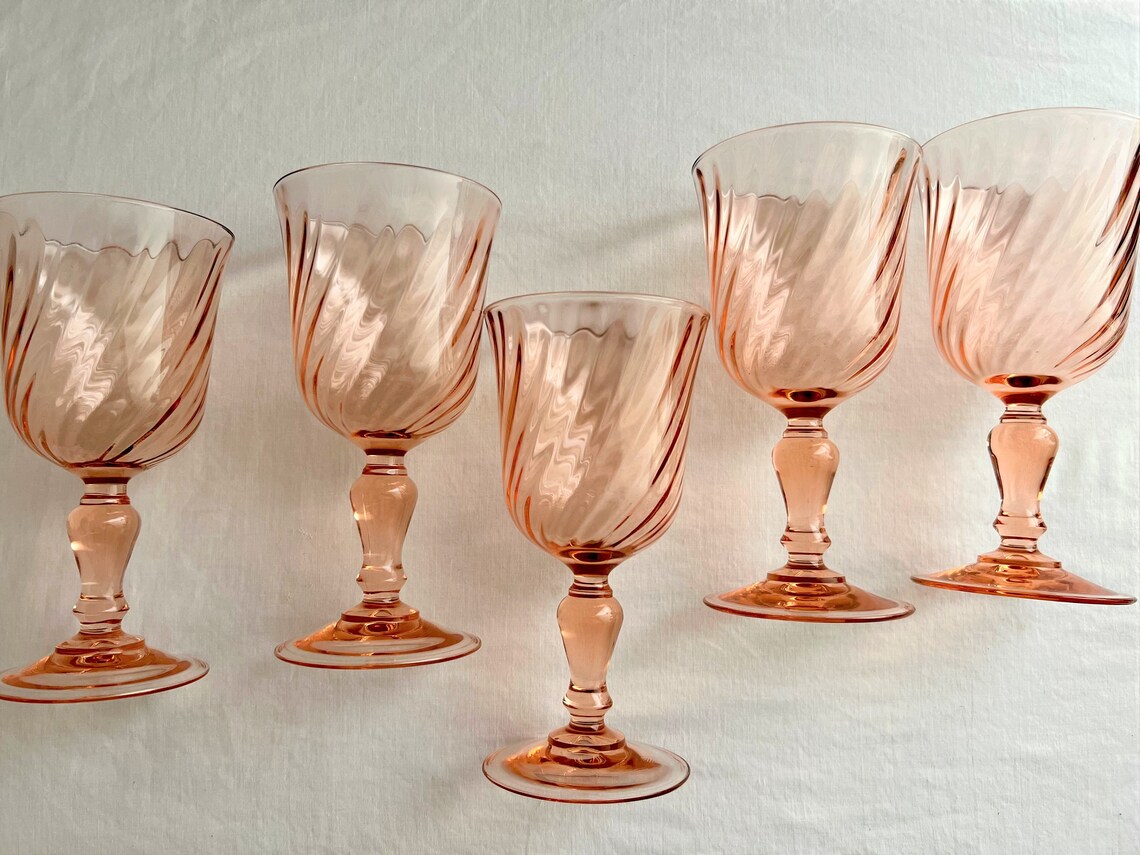 5 Vintage Pink Drinking Glasses Rosaline Pink Swirl Made in Etsy