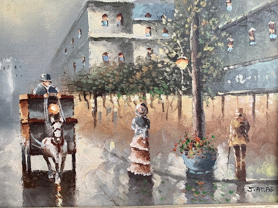 【French Vintage Oil Painting】　油絵　フランス Vintage French Christmas Oil Painting: Paris Street Scene, Framed
