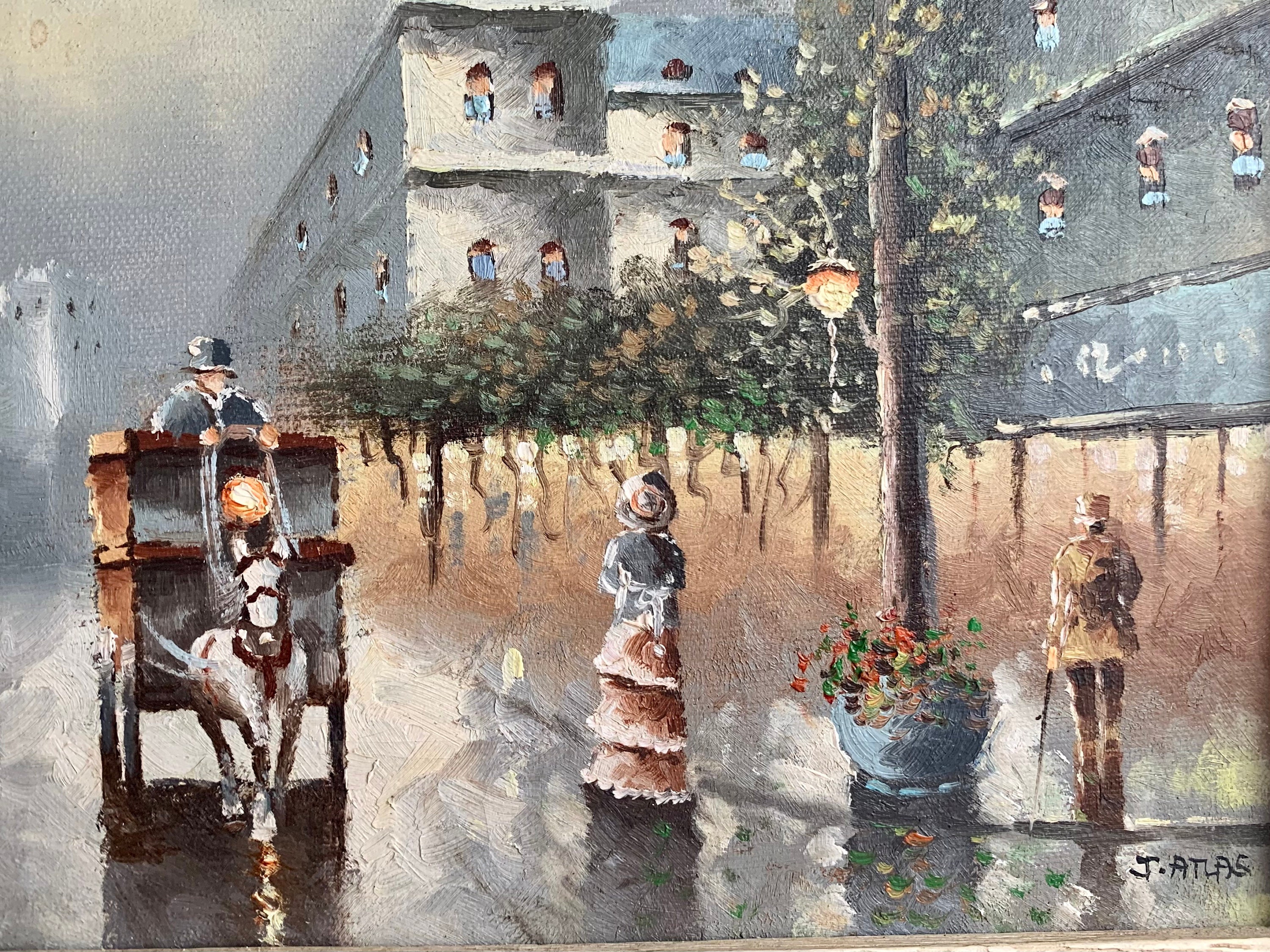 Vintage French Christmas Oil Painting: Paris Street Scene, Framed