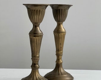 Mid-Century Brass Candle Holders 6" Tall Bead Ribbed Golden Brass Candle Stick Holders Holiday Tablescape