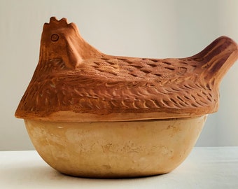 Mid-Century Hen Baker Primitive Clay Hen Covered Bake Pot Hand Made 2 Piece Terracotta Clay