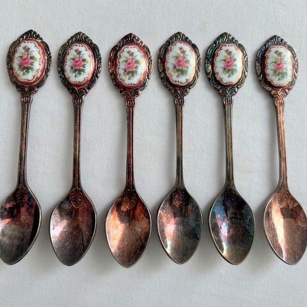 6 Vintage Silver Plated Copper Sugar Spoons With Porcelain Rose Handles
