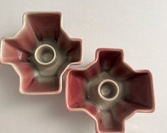 2 Vintage Pink & Gray Brush Glaze Pottery Candle Holders