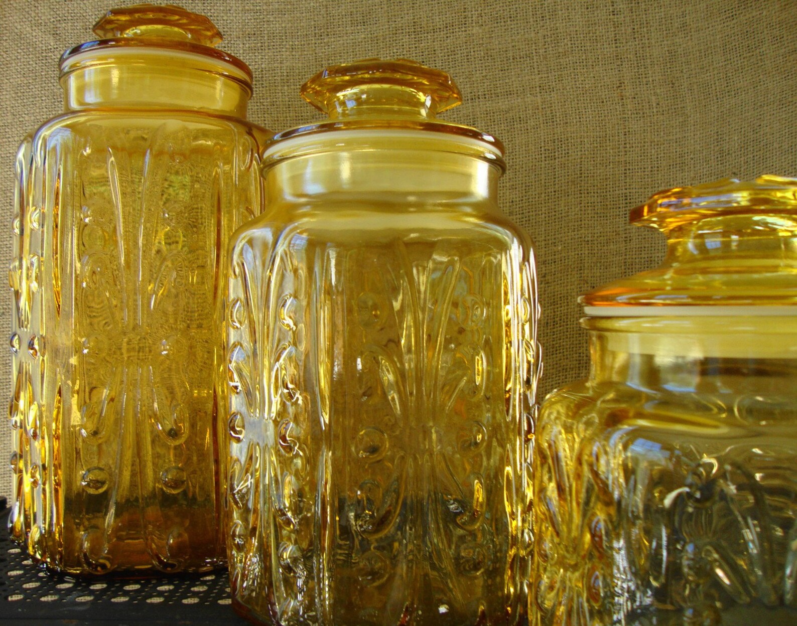 Vintage Federal Pressed Amber Glass Canister Set of 3 Etsy