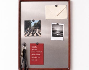 Mahogany Wood Framed Magnetic Board, Stainless Steel Photo Display, Office Organizer, Minimalist Decor