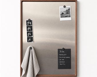 Walnut Framed Stainless Steel Magnetic Board, Photo Display, Office Wall Organizer, Minimalist Home Decor