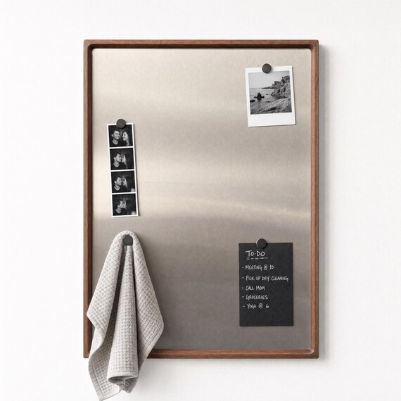 Walnut Wood Framed Magnetic Board, Stainless Steel Photo Display, Office Organizer, Minimalist Decor