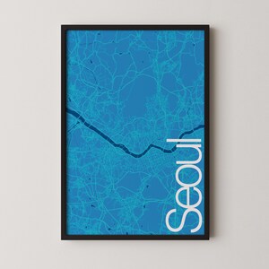 Séoul, Corée du Sud - Poster de carte moderne, Plan de la ville, Art du voyage, Cadeau, Poster monochrome
