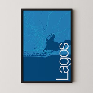 Lagos, Nigéria - Poster de carte moderne, plan de ville, art du voyage, cadeau, poster monochrome