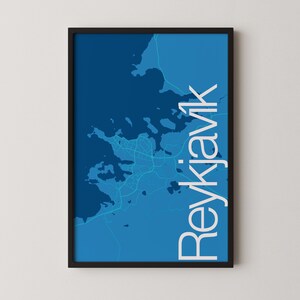 Reykjavik, Islande - Poster de carte moderne, plan de ville, art du voyage, cadeau, poster monochrome