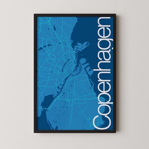 Copenhague, Danemark - Poster de carte moderne, Plan de la ville, Art du voyage, Cadeau, Poster monochrome