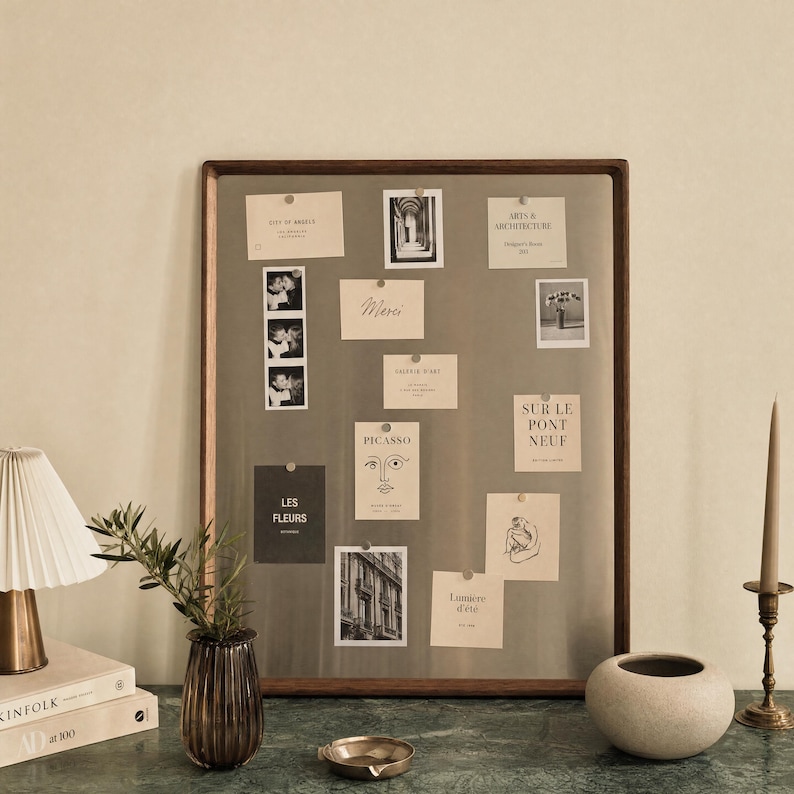 The walnut-framed stainless steel magnetic board displays a different arrangement of photographs and notes held by small magnets, positioned on a surface next to a pleated lamp, striped glass vase, candle holder, and ceramic bowl.