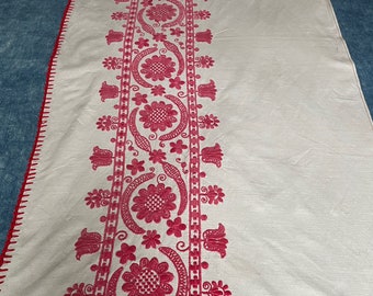 Embroidered Folk Textile Irasos Wall Hanging Vintage  Raspberry Red and White Folk Art Table Runner East European Textiles.