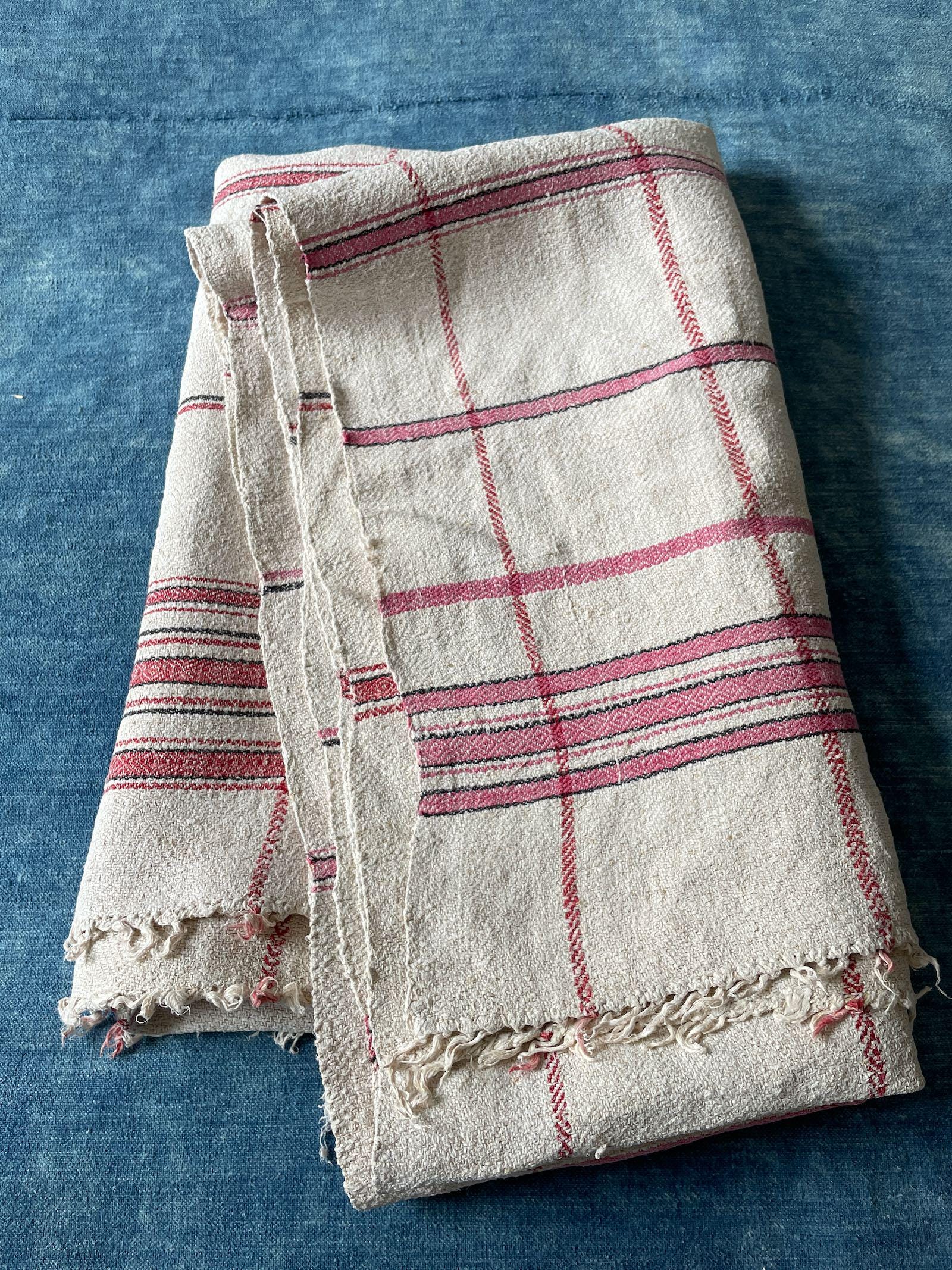 Red Check Hemp Throw: Vintage Hungarian Woven Bedcover