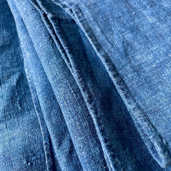 Antique French Indigo Blue Linen Sheet, Bedspread . Large Denim Tablecloth. Fabric for Sewing Projects or Upholstery. Heirloom Textiles.