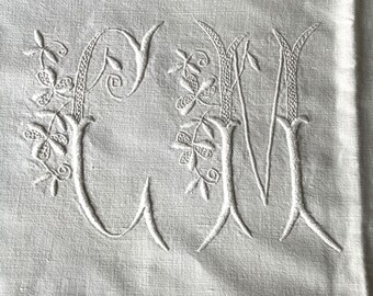 Antique French Sheet Drap White Bedspread Monogrammed CM Also Suitable for Sewing, Dyeing And Upholstery.