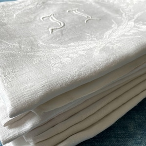 Antique French Linen Damask Napkins - Set of 10 Monogrammed Serviettes
