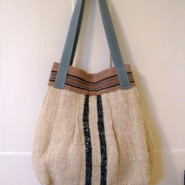 Rebecca Bag Purse Navy Blue Stripe Burlap , Antique Linen  Lining. Medium.  Handmade With Passion.