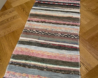Long Floor Runner Vintage Swedish Rag Rug With Pale Blue, Pink, Red, White Stripes . A Machine Washable Entry Way Carpet.
