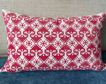 Embroidered Pillow. Vintage Rustic Hungarian Cushion with Geometric Cross Stitch Design. Red Lumbar Couch Pillow. Folk Art Textiles.