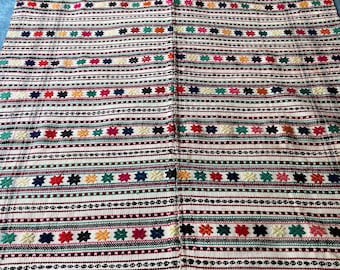 Vintage Striped Throw Blanket: Embroidered Stars, Eastern European Folk Textile