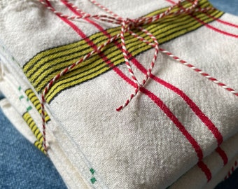 Table Napkins Vintage French Set of Six Yellow, Red & Green Checked Striped Serviettes Country Style Table Linen.