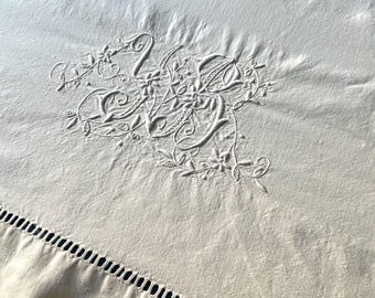 Antique French Linen Bed Sheet: Embroidered White Single Flat Sheet Monogrammed YB