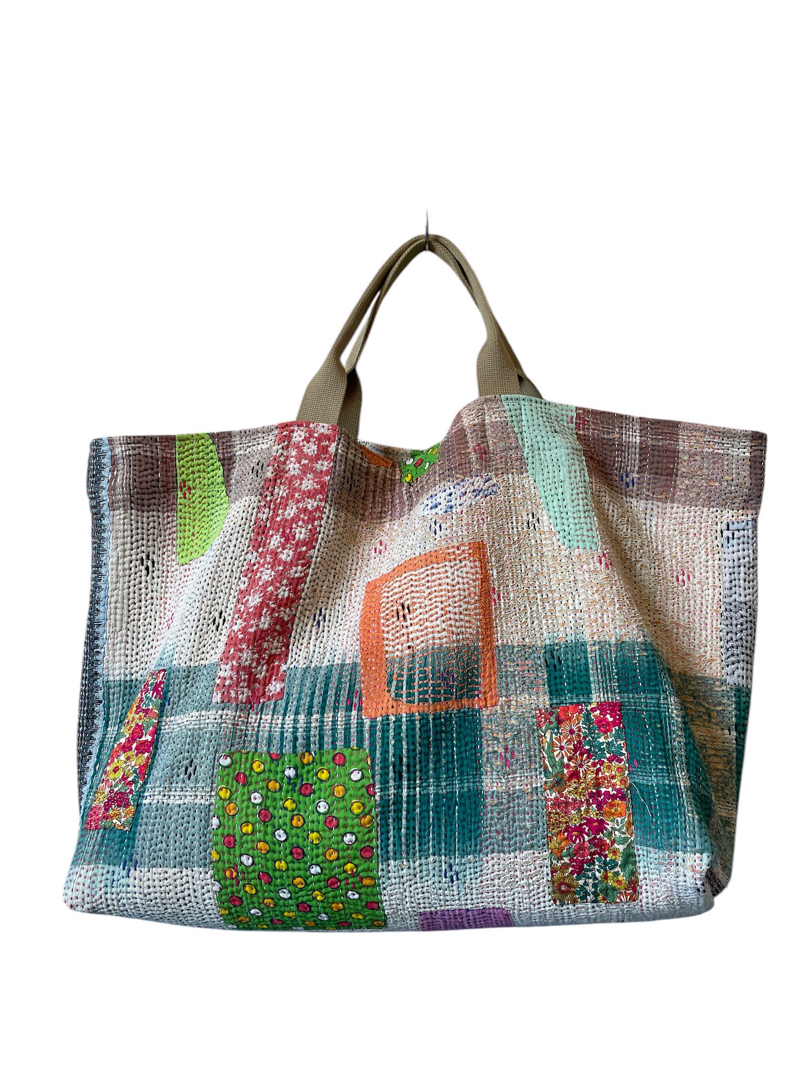 Handmade Kantha Quilt Tote: Large Boho Patchwork Weekend Bag 