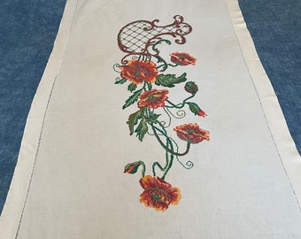 Embroidered Folk Textile Of Poppies & Leaves Use As Curtain Or Wall Hanging Panel 1 East European Folk Art