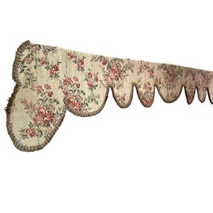 Antique French Linen Curtain Pelmet: Pink Rose Floral Valance