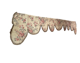 Antique French Linen Curtain Pelmet: Pink Rose Floral Valance