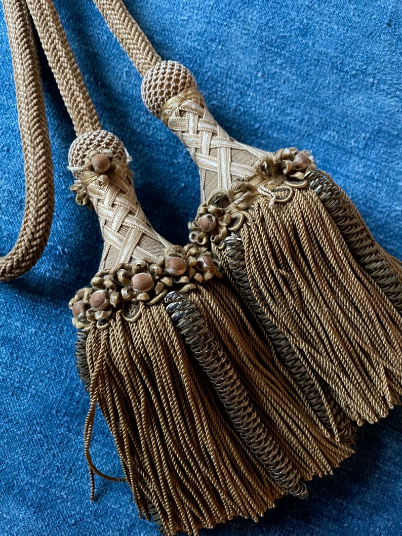 antique Florentine curtain tassels and corded tie backs. beautiful soft gold colour passementerie. heirloom textiles. window treatment