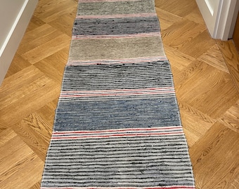 Long Floor Runner Vintage Swedish Trasmatta  With Dark Blue, Black, Grey, Red Stripes . A Machine Washable Entry Way Hall Carpet