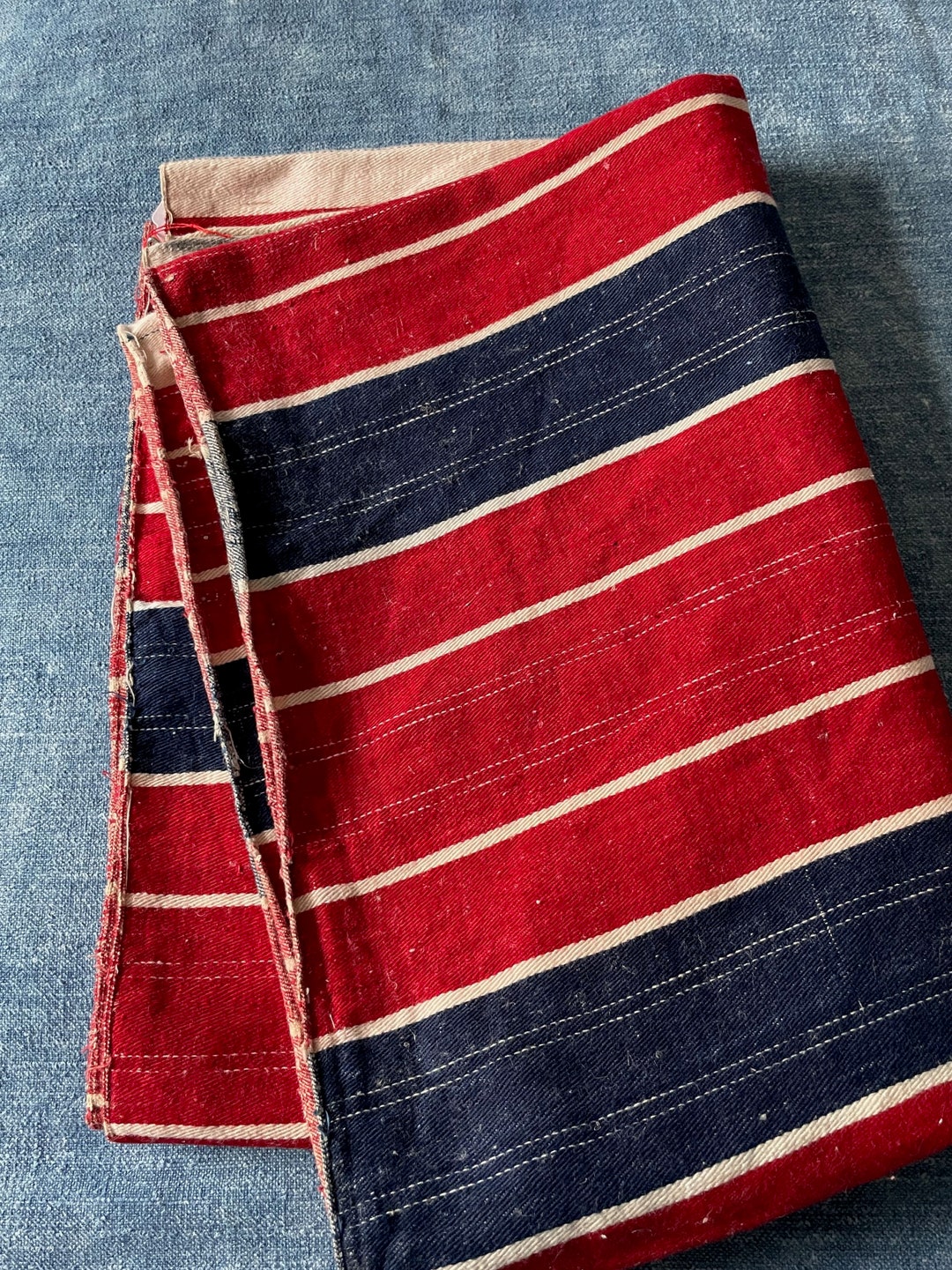 Vintage Striped Fabric for Upholstery or Pillow Covers. Red, Navy Blue