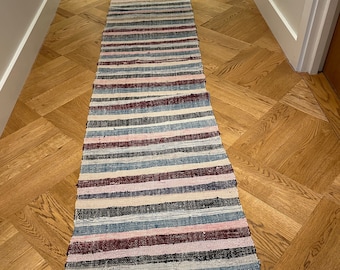 Floor Runner Vintage Hungarian Cotton Mat  With Burgundy, Blue, Pink Stripes Machine Washable Entry Way Mat Or Long Corridor Carpet