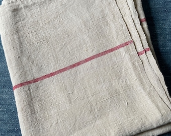 Antique French Linen Tablecloth With Red Stripe Monogrammed M. Use On Table Or For Upholstery Or Cushion Fabric. Rustic Home Loomed Textiles