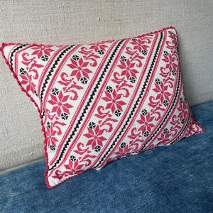 Vintage Hungarian Embroidered Pillow: Rustic Raspberry Red Cross Stitch