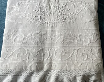 Antique French White Bedcover. Pique Marseillais. Excellent Condition. Large Marriage Bedcover. Paris Boudoir Style Monogrammed CM