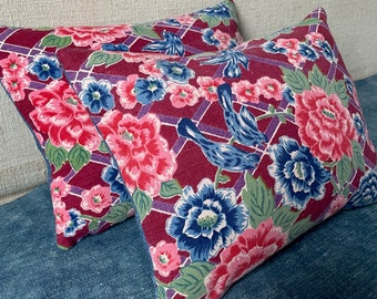 Blue Birds Roses Cushions Pair Of Pillows With Blue, Red And  Pink Floral Design.  Two Medium Couch Pillows. Handmade In The UK