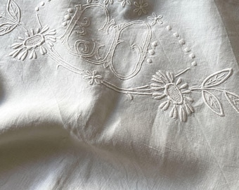 Antique French Linen Bed Sheet: Embroidered Monogram & Drawn Thread Work