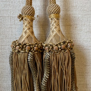 antique Florentine curtain tassels and corded tie backs. beautiful soft gold colour passementerie. heirloom textiles. window treatment