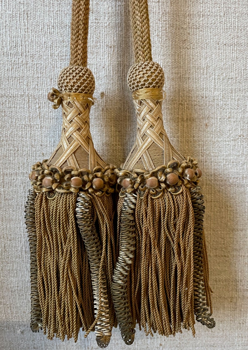 antique Florentine curtain tassels and corded tie backs. beautiful soft gold colour passementerie. heirloom textiles. window treatment