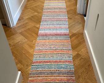 Long Floor Runner Vintage Hungarian Striped Hall Carpet Or Corridor Rug In Soft Colours. Hand Made Stair Carpet Trasmatta