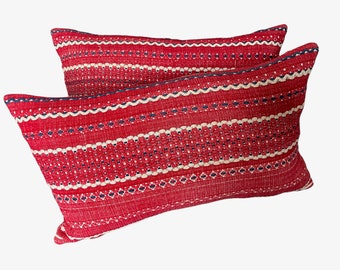 Red Pillows Rectangular Pair Of Striped Red Blue White Cushions 20inch  x 12 inch  51 x 31cm. Vintage Fabric Couch Cushions with Zipper.